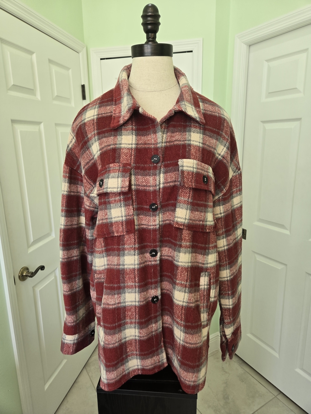 Fall Flannel Shirt Jacket Classic Red Plaid Button-Up
